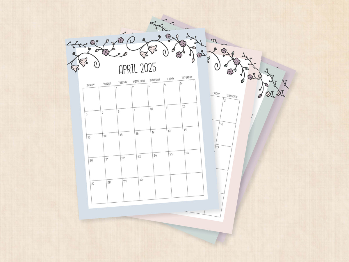 2025 calendar, with cute pastel floral design, easy to print pdf
