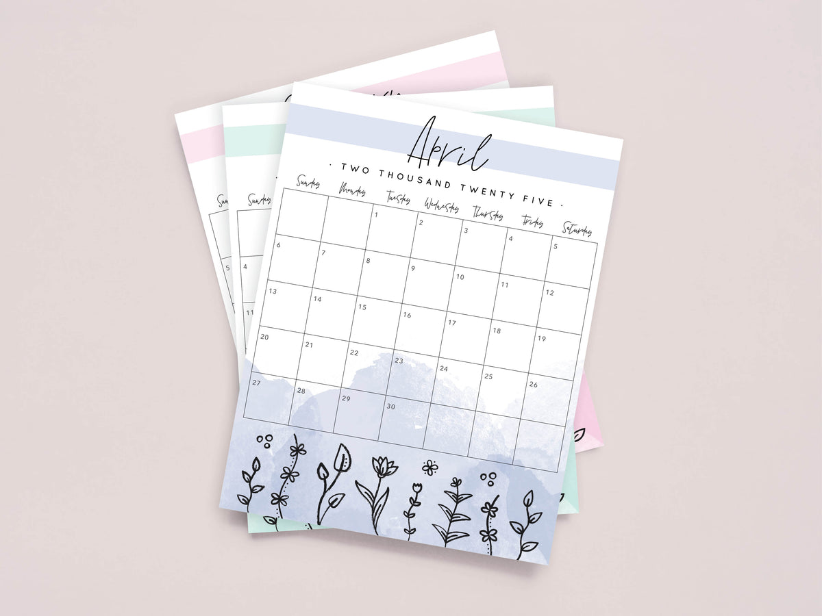 2025 calendar, cute watercolor floral design in PDF format