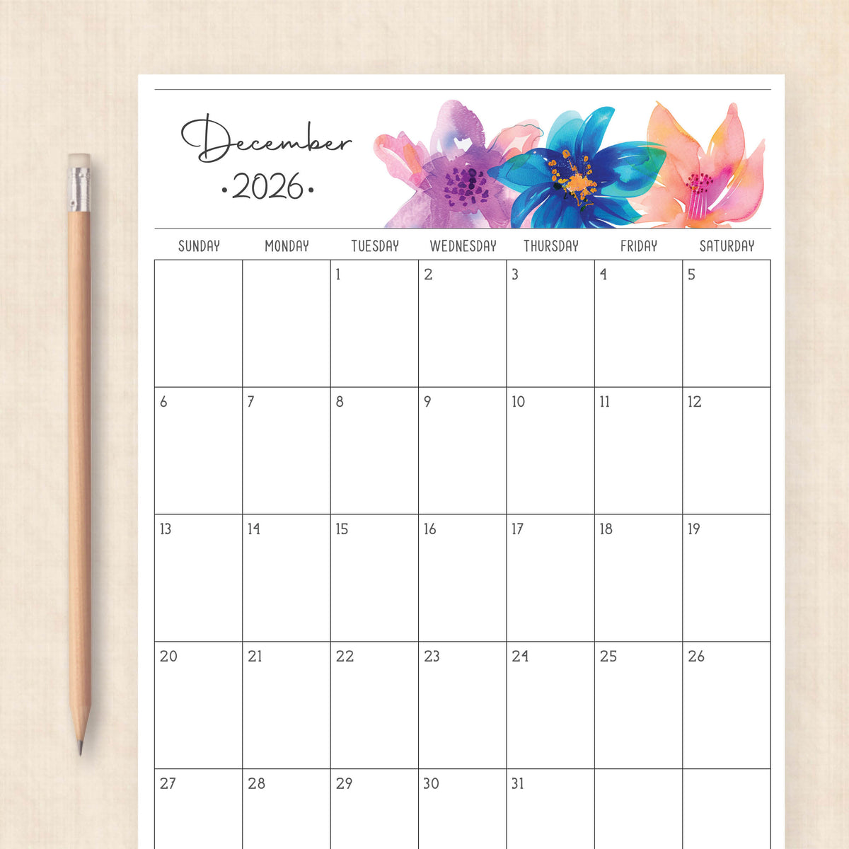 printable 2026 calendar