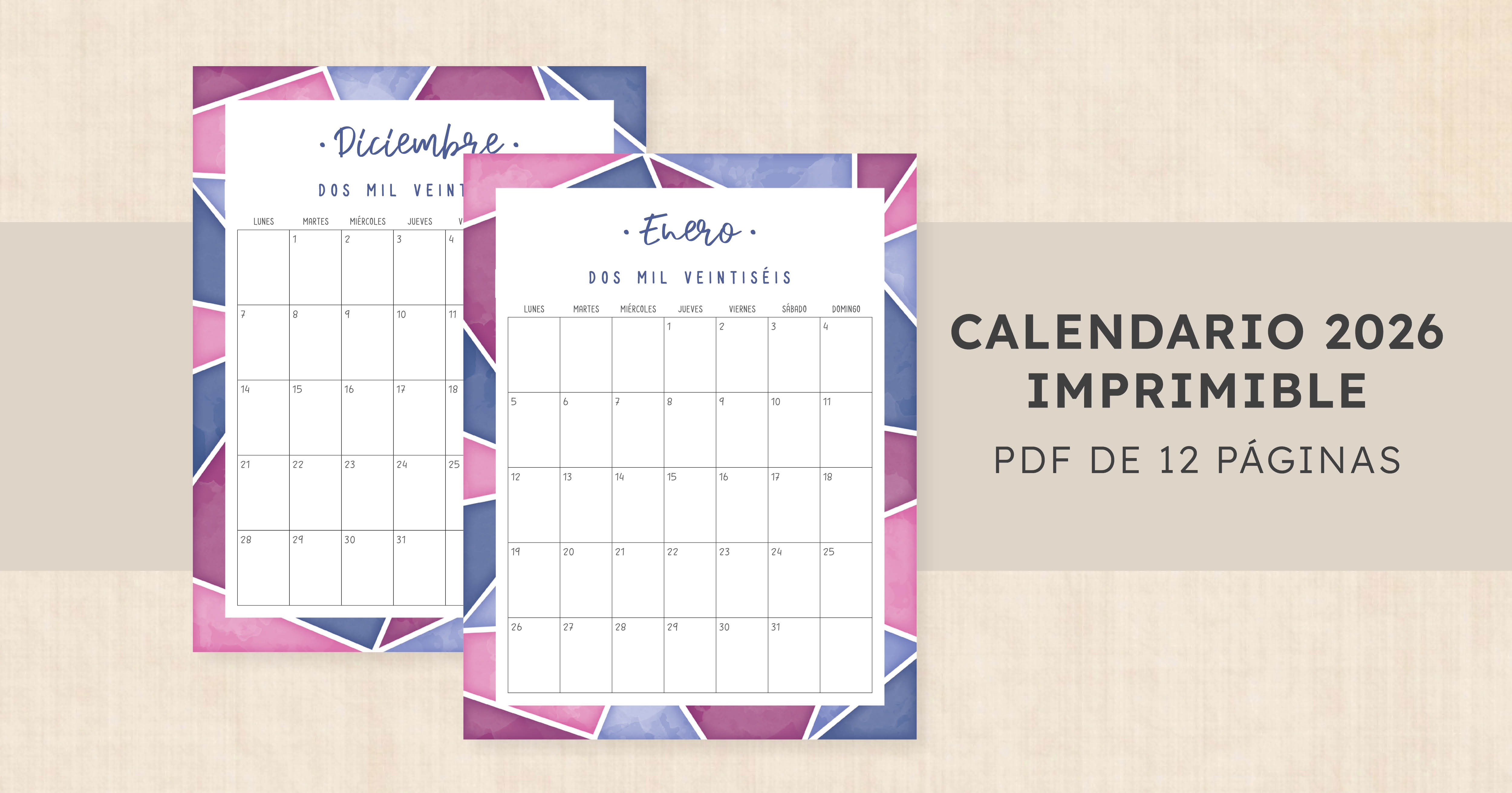 Calendario 2026 para imprimir · Midnight Mosaic