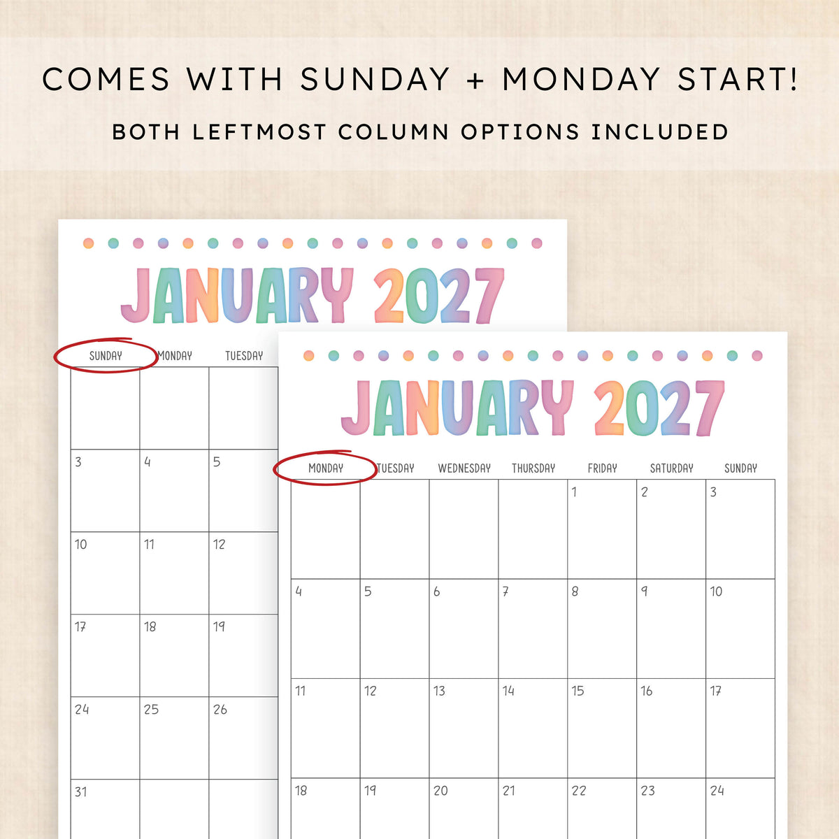 printable 2027 calendar