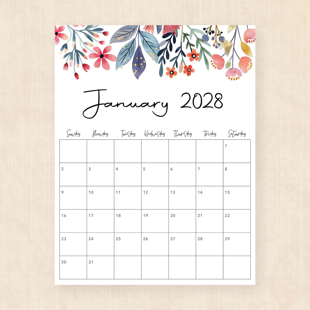 2028 calendar printable