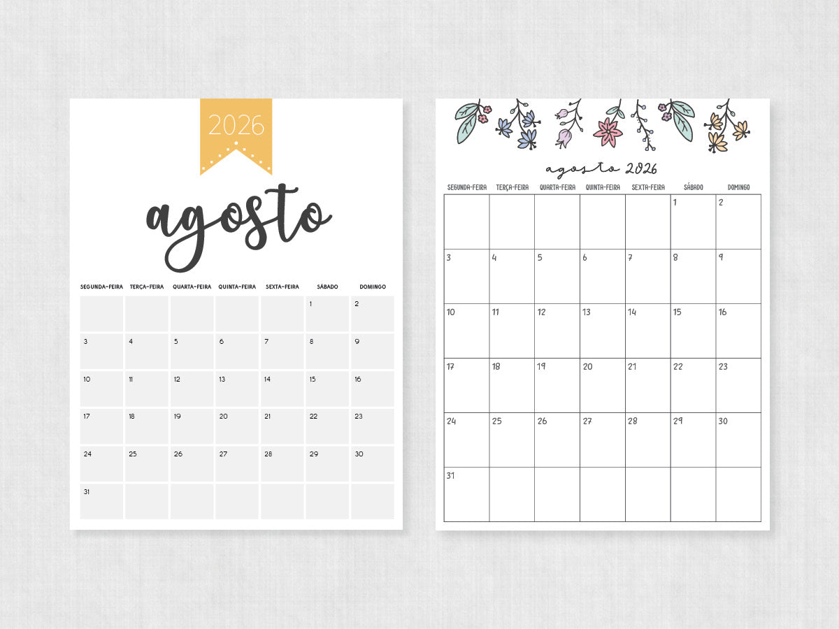 agosto 2026 calendário em branco