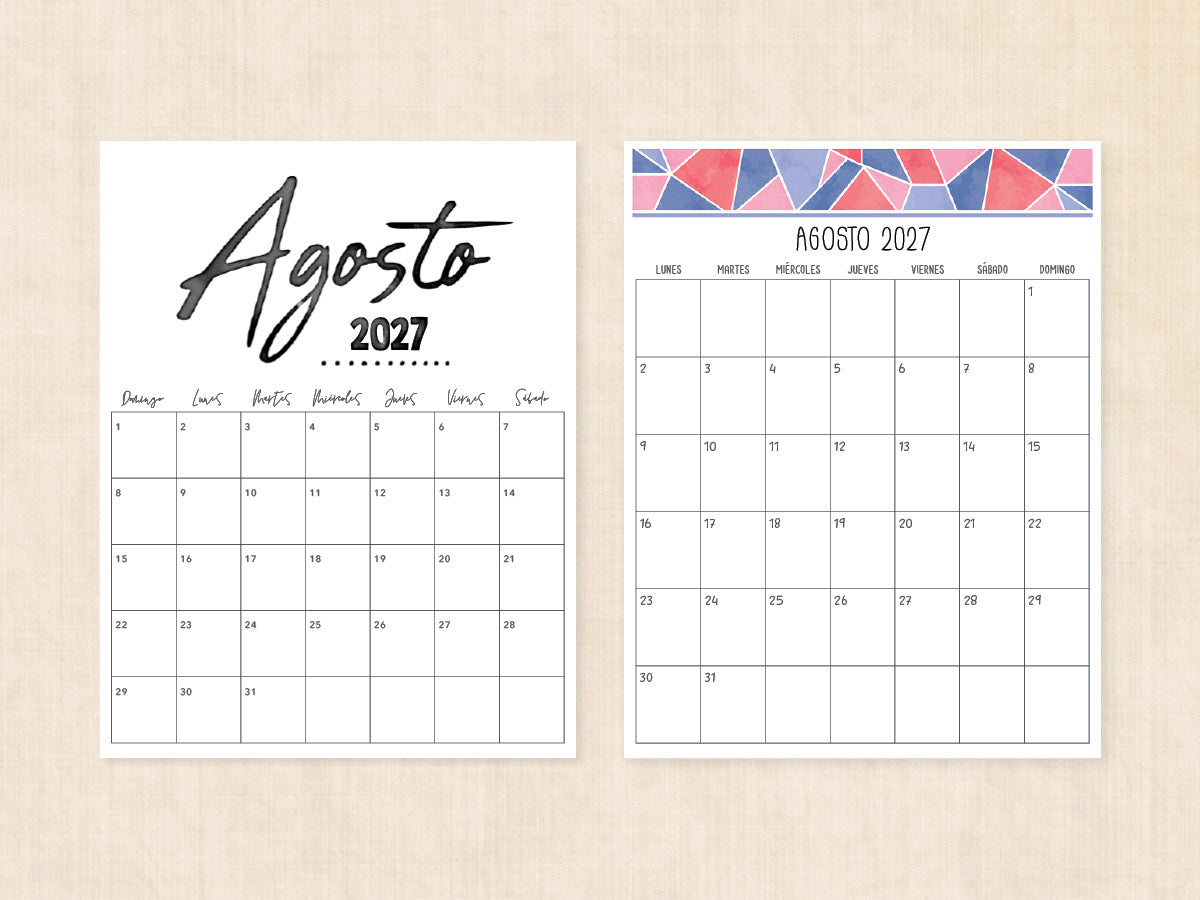 agosto 2027 calendario en blanco