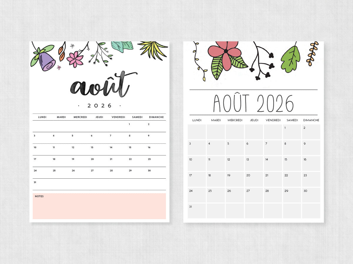 août 2026 calendrier à imprimer