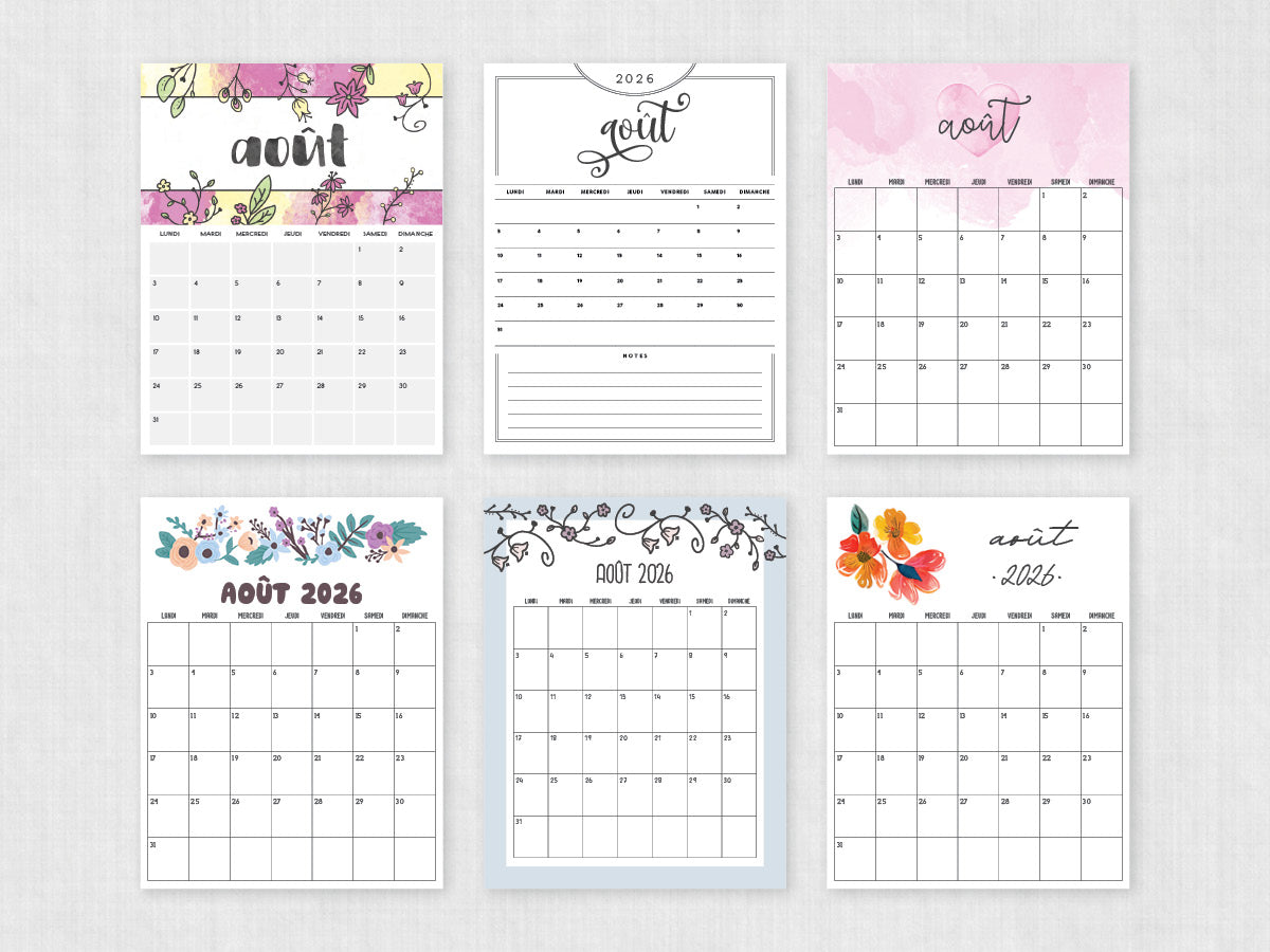 août 2026 calendrier imprimable