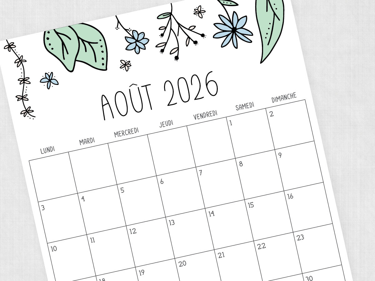 août 2026 calendrier modèle