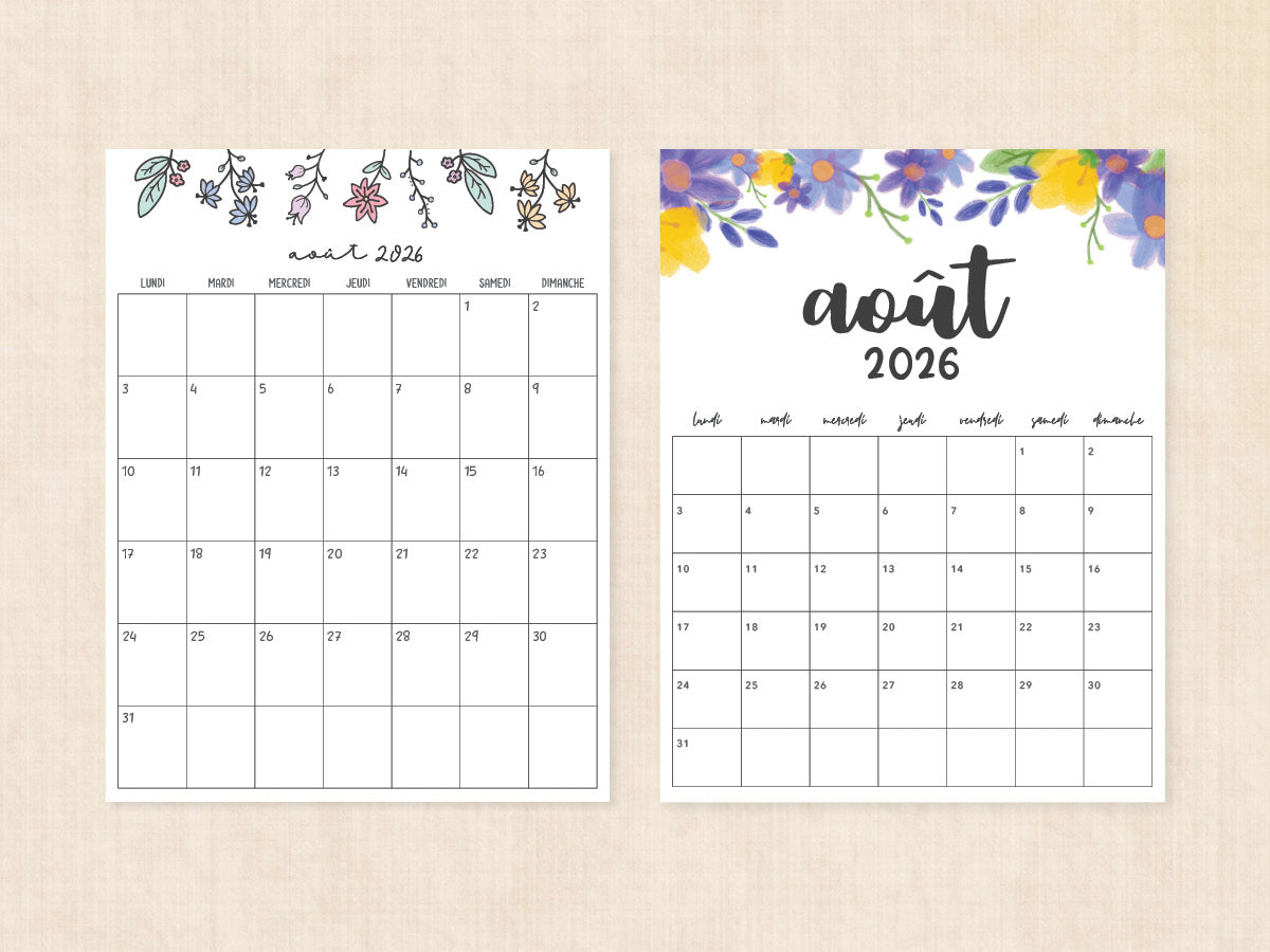 août 2026 calendrier vierge