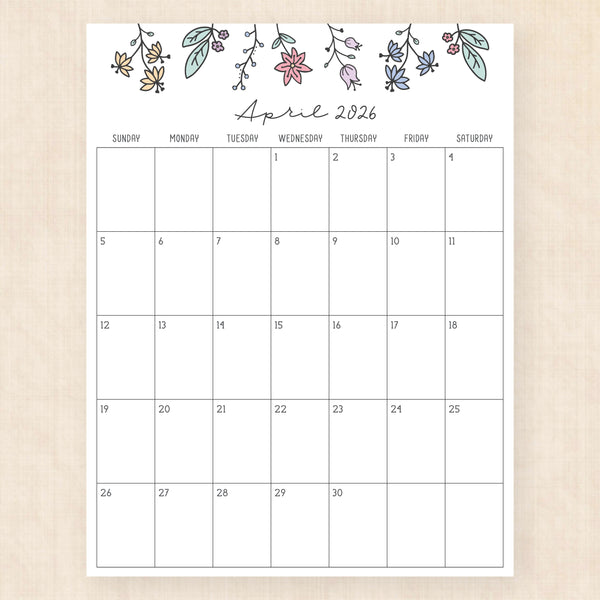 april 2026 calendar wildflower whimsy