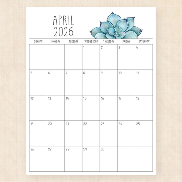 april 2026 calendar sunkissed succulents