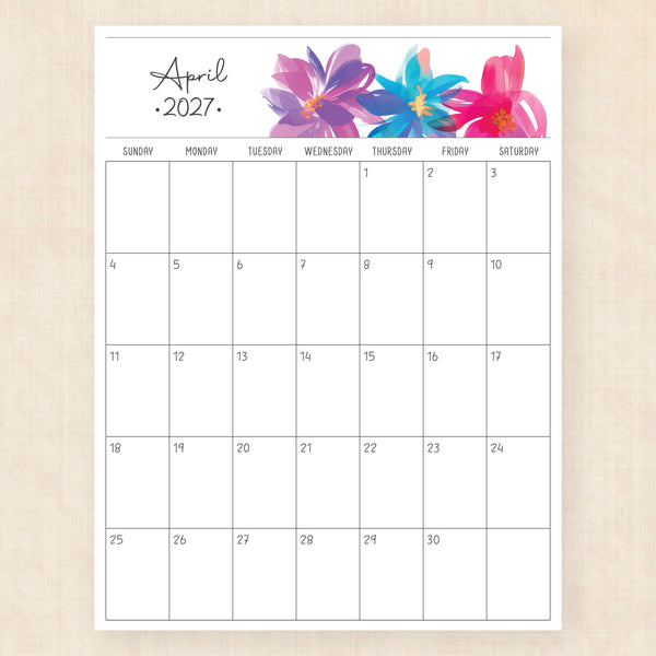 april 2027 calendar boho bougainvillea