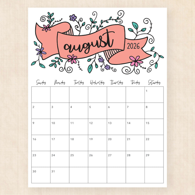 august 2026 calendar luminous lillies
