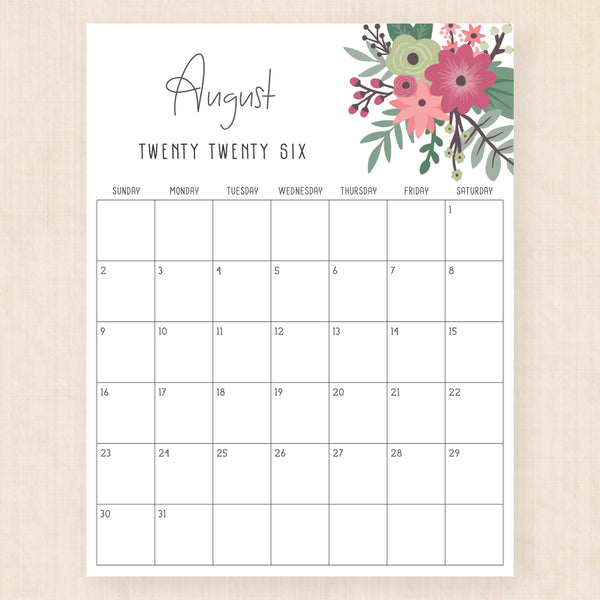 august 2026 calendar petunia punch