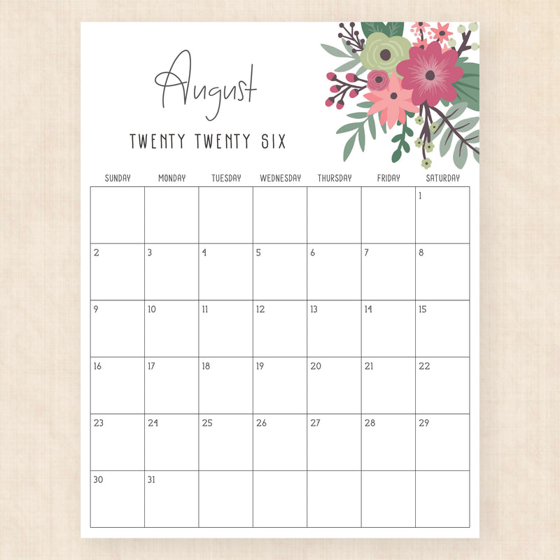 august 2026 calendar petunia punch