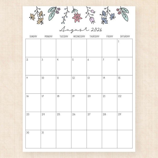 august 2026 calendar wildflower whimsy