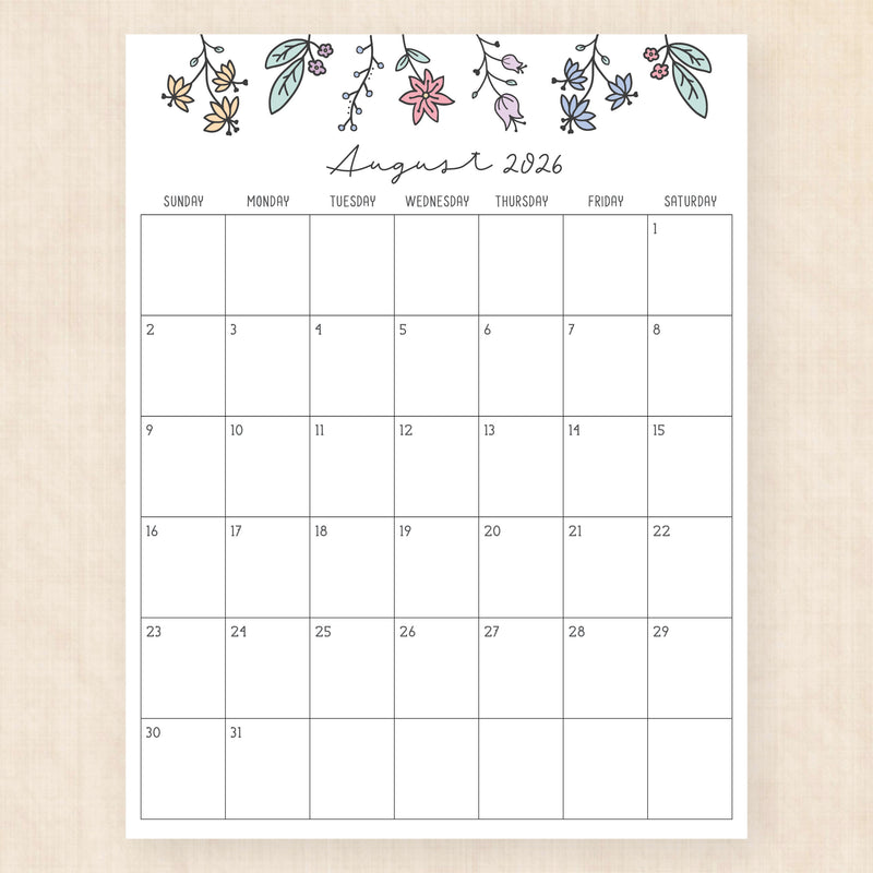 august 2026 calendar wildflower whimsy