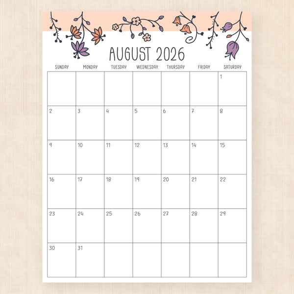 august 2026 calendar sunlight solace