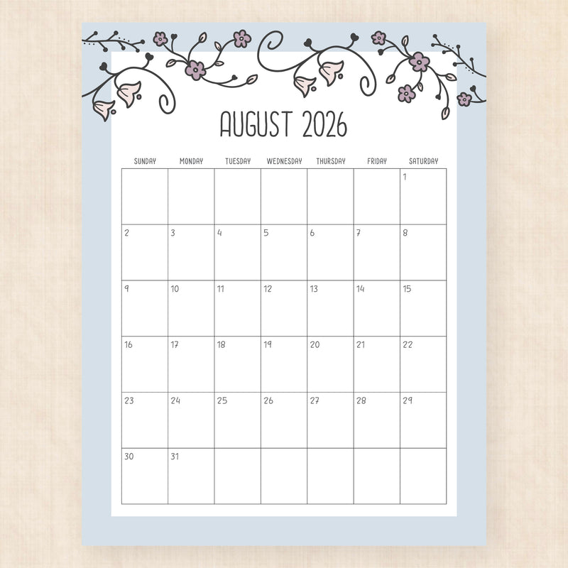 august 2026 calendar vintage vines