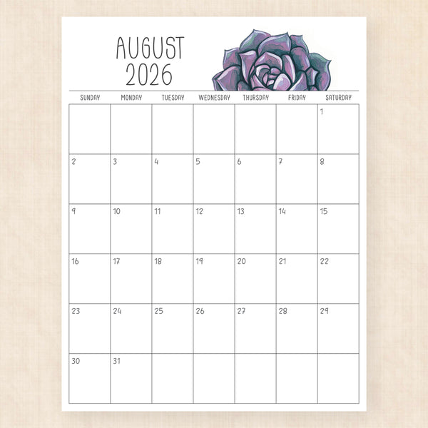 august 2026 calendar sunkissed succulents