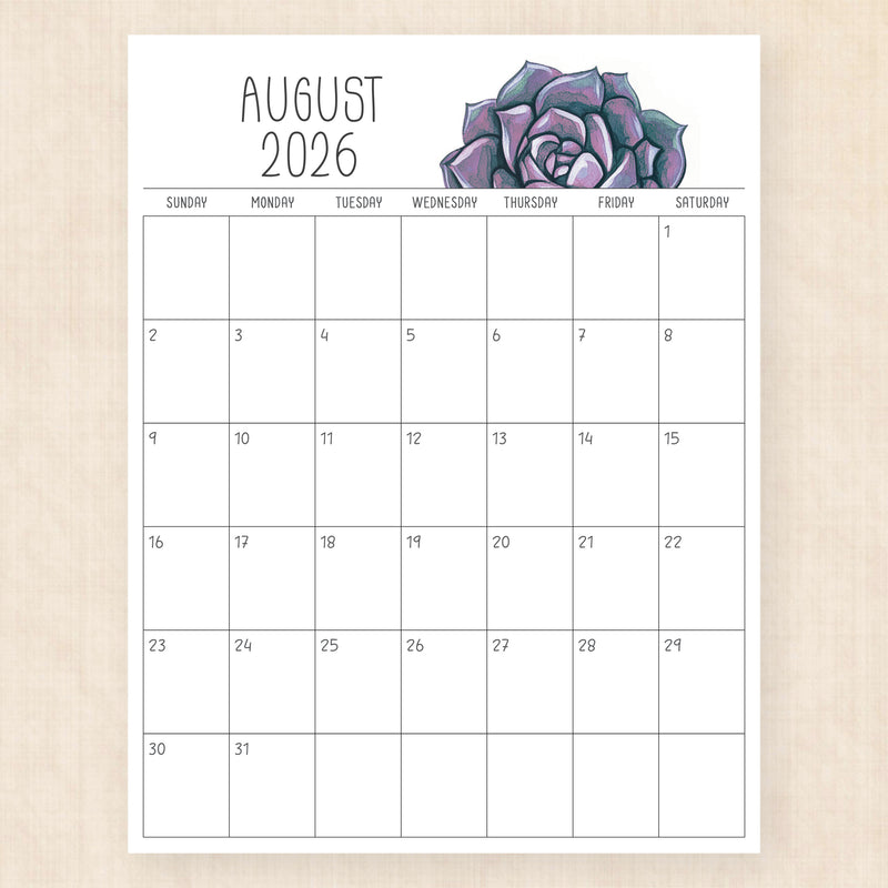 august 2026 calendar sunkissed succulents