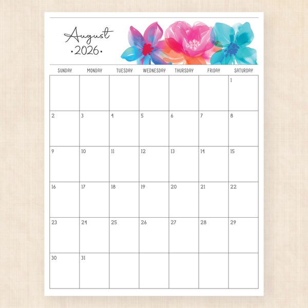 august 2026 calendar boho bougainvillea