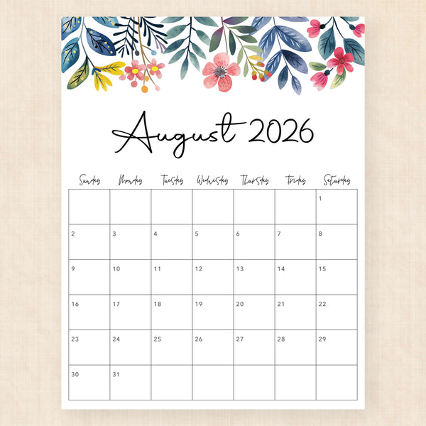 august 2026 calendar floral fantasy