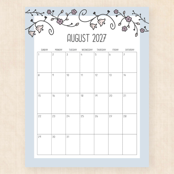 august 2027 calendar vintage vines