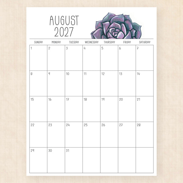 august 2027 calendar sunkissed succulents