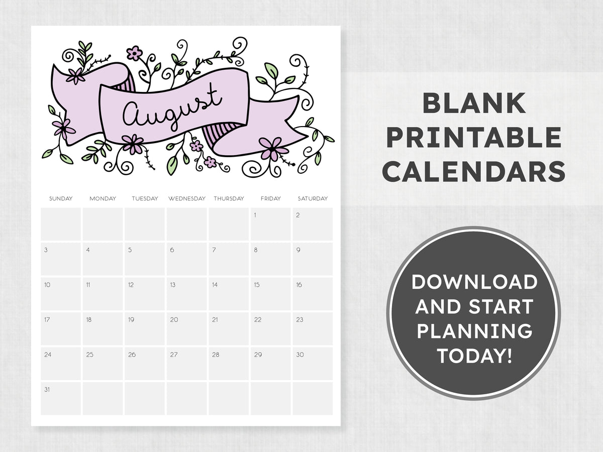 August Calendar Printable PDF Template