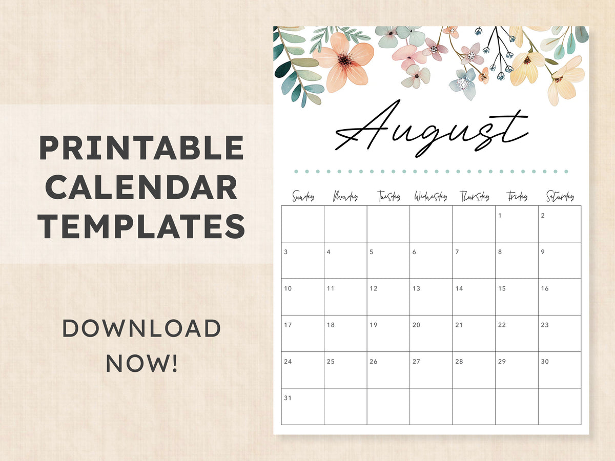 August Calendar · Printable PDF Template August Calendar · Printable PDF Template