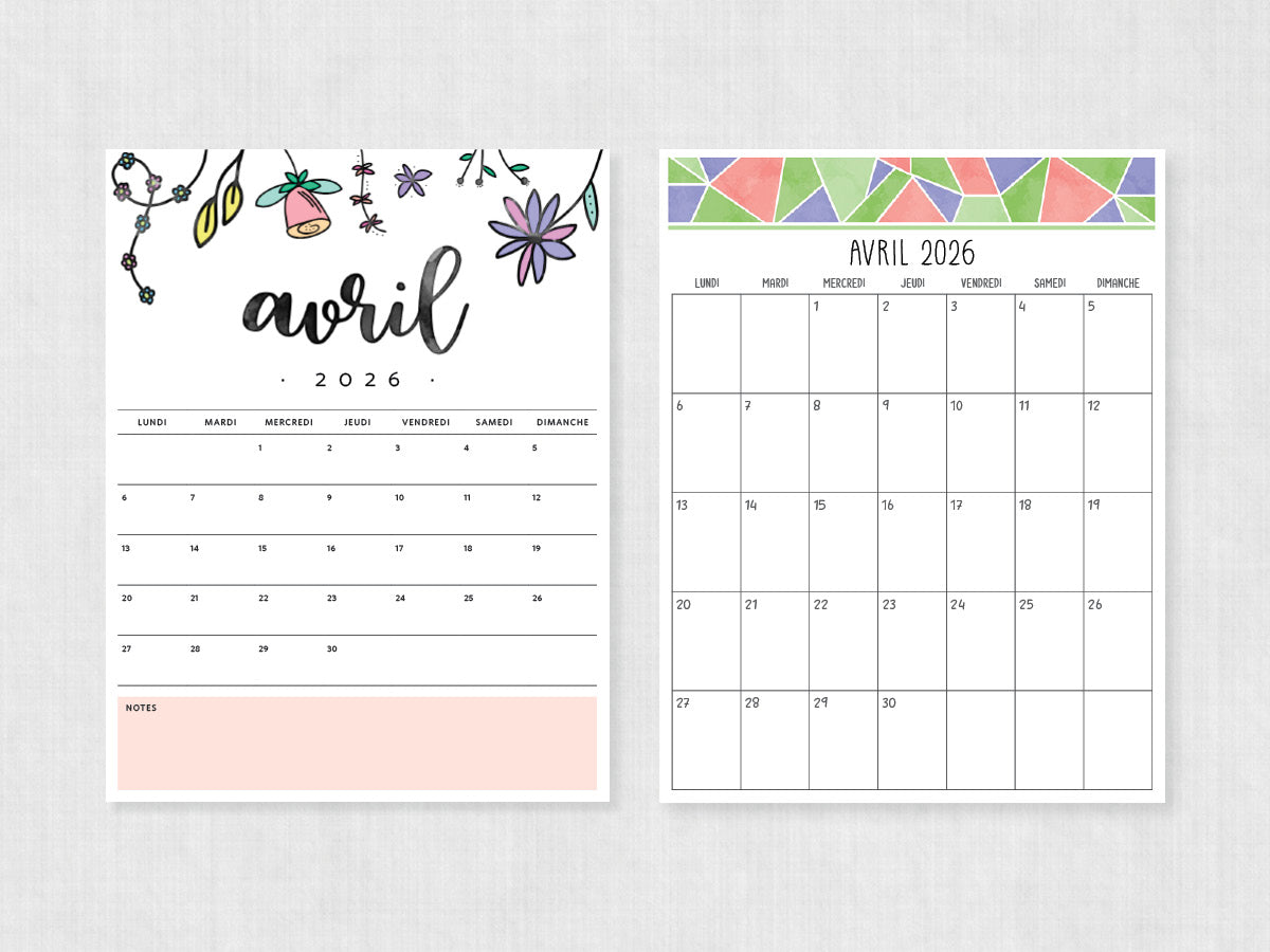 avril 2026 calendrier à imprimer