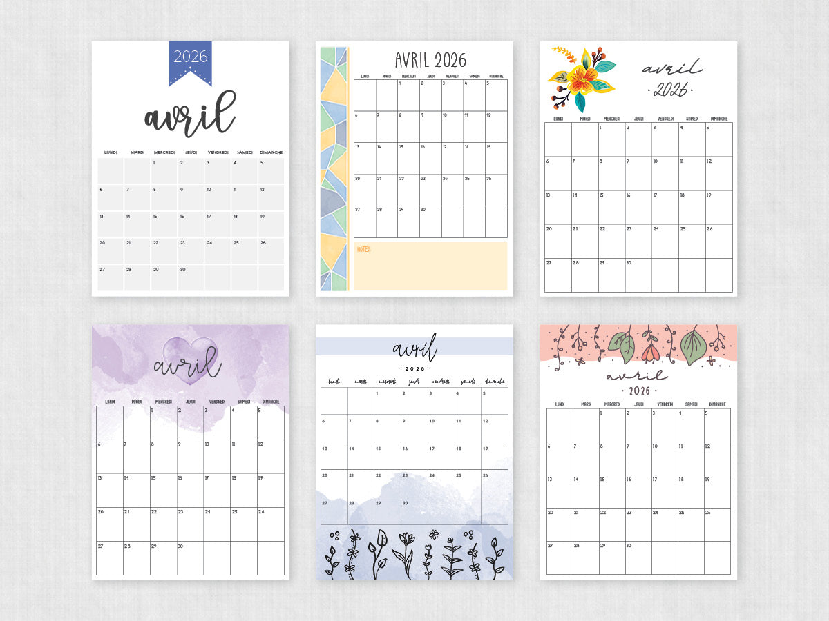avril 2026 calendrier imprimable