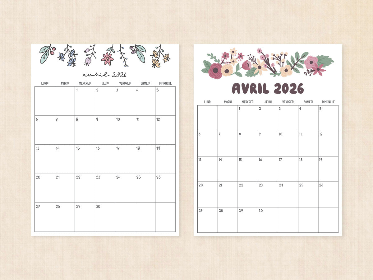 avril 2026 calendrier vierge