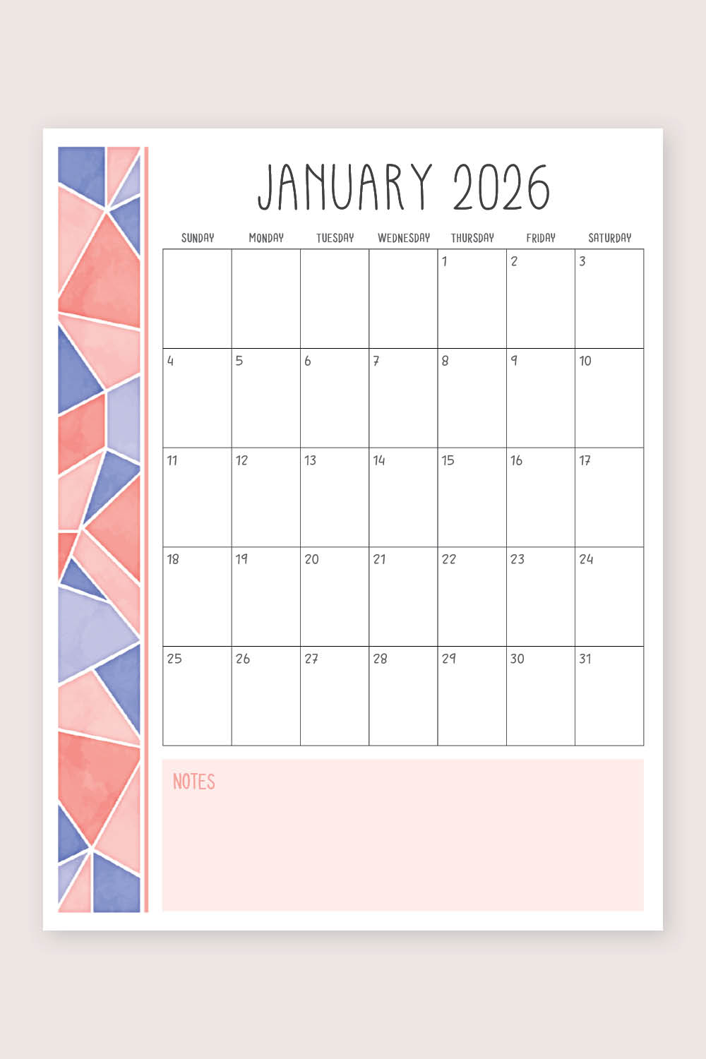 blank calendar january 2026
