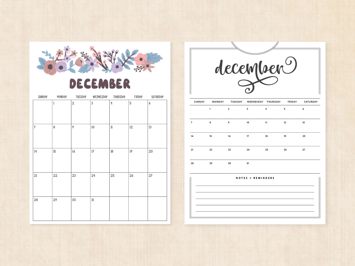 December Calendar · Printable PDF Template