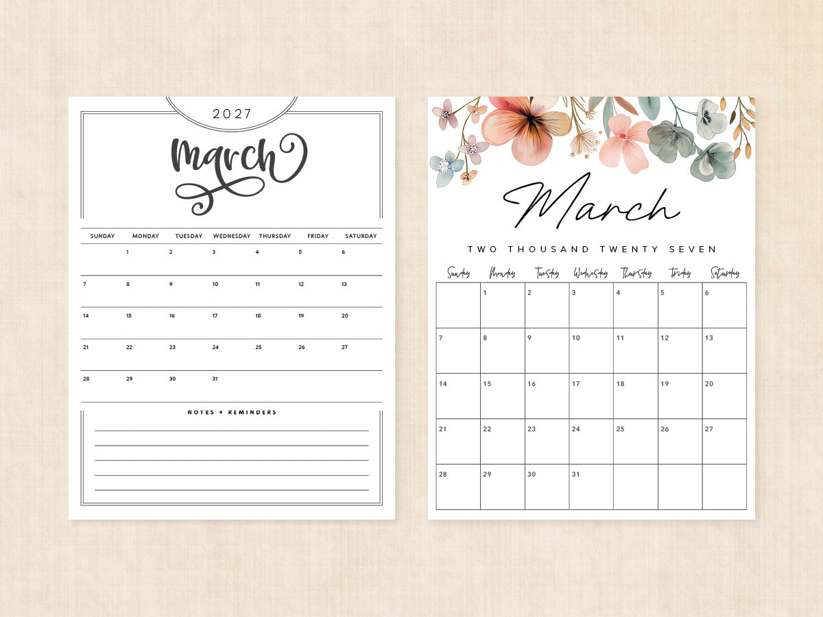 March 2027 Calendar · Printable PDF Templates