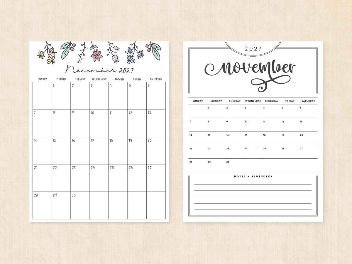 November 2027 Calendar Blank 4 November 2027 Calendar · Printable PDF Templates