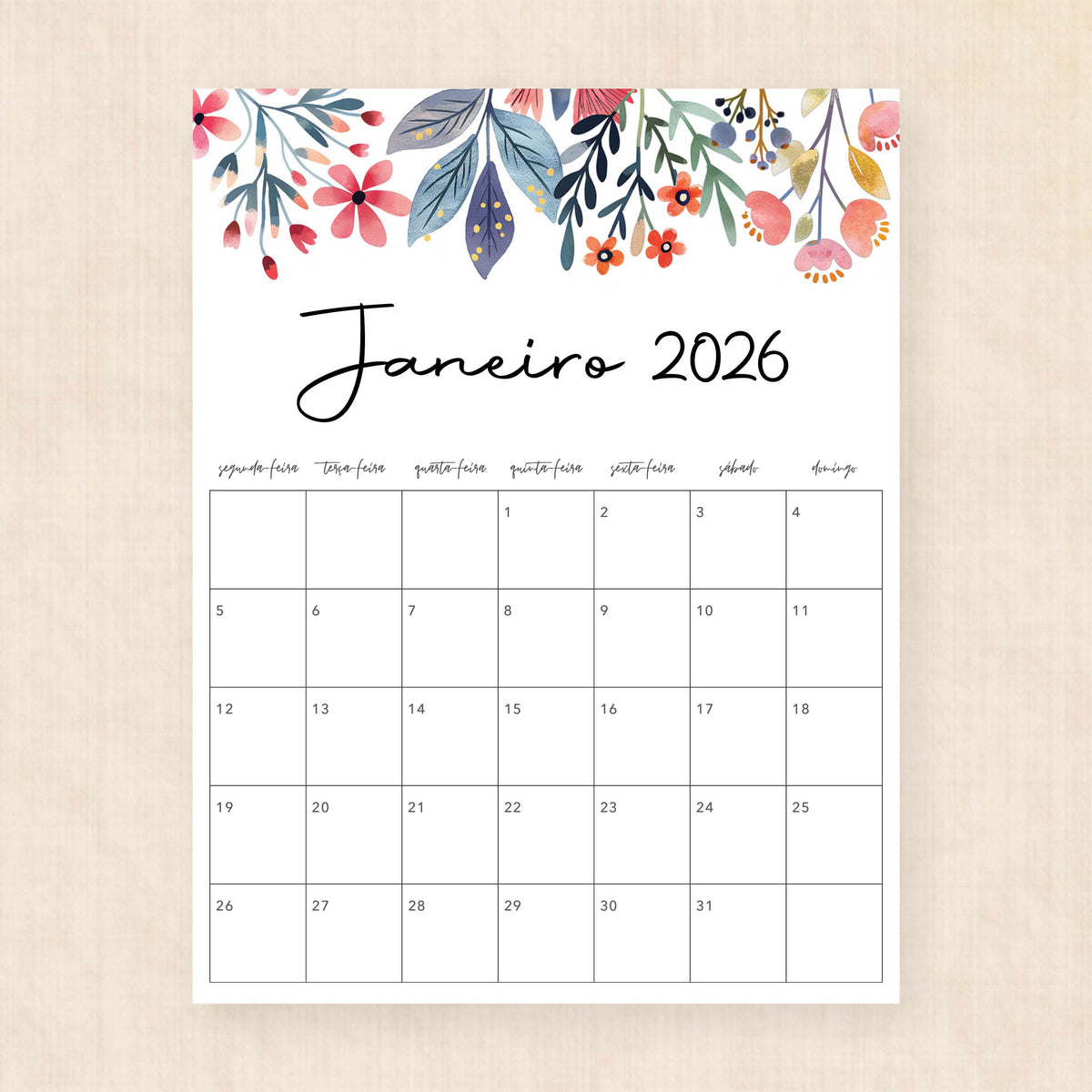 calendário 2026 para imprimir