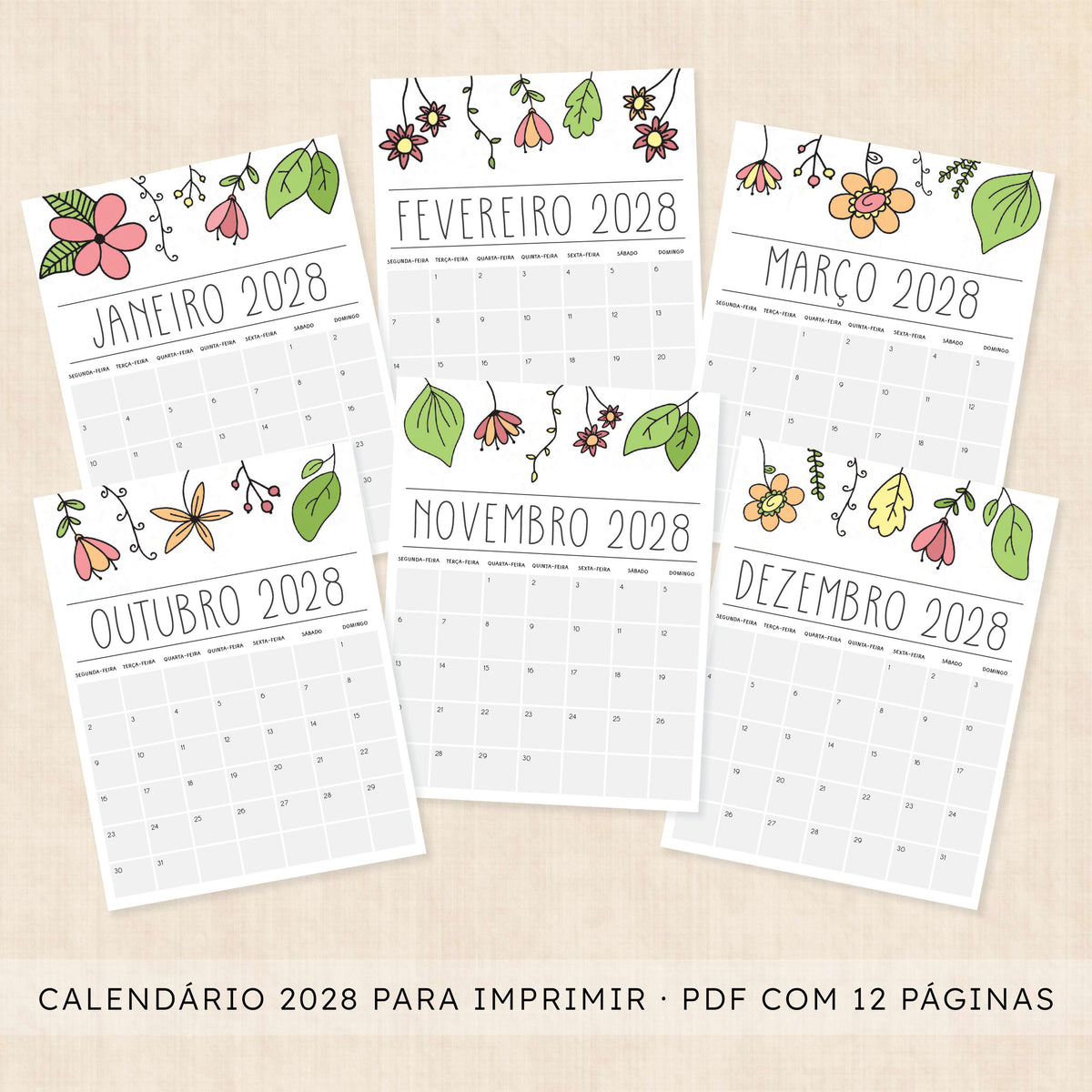 Calendário 2028 para imprimir