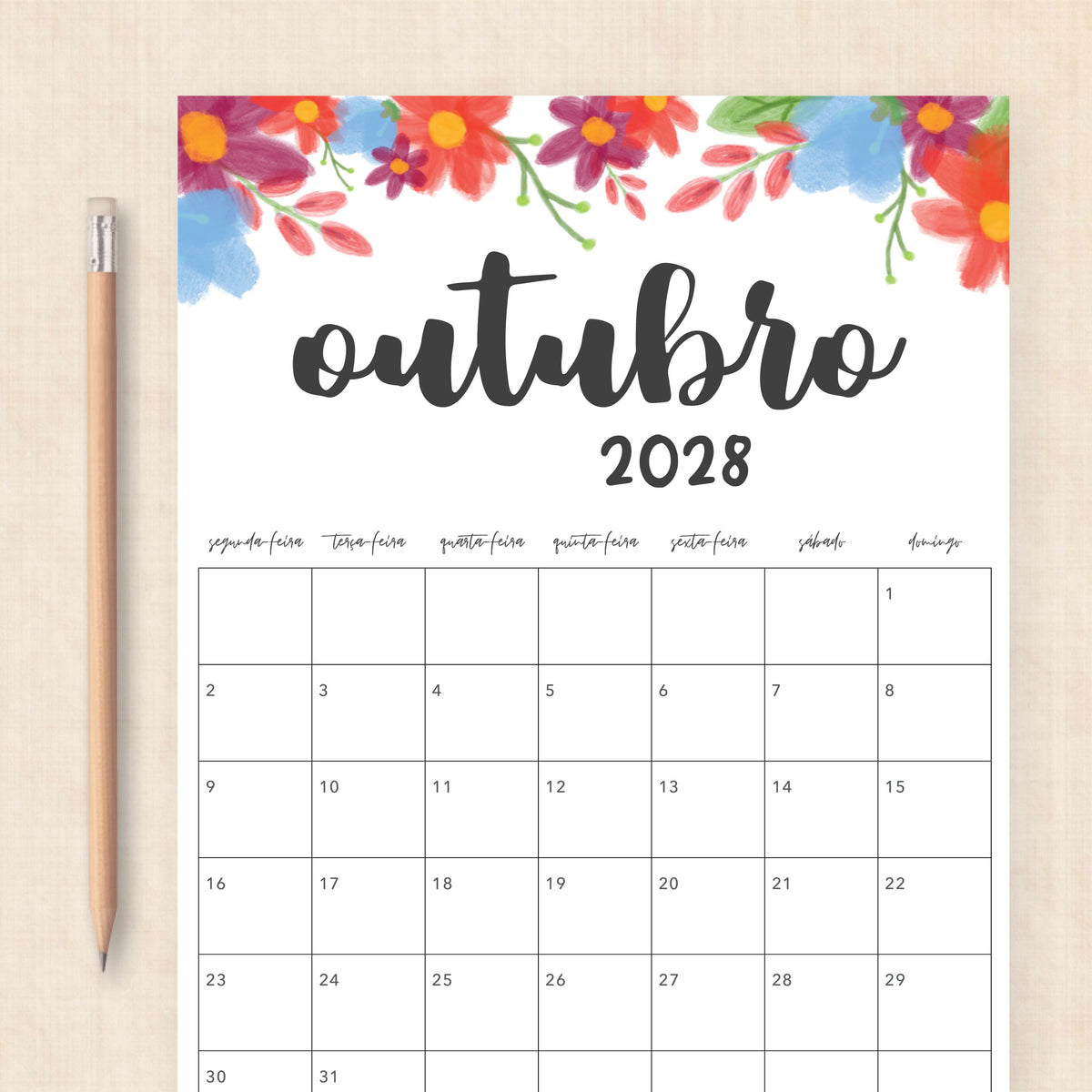 Calendário 2028 para imprimir