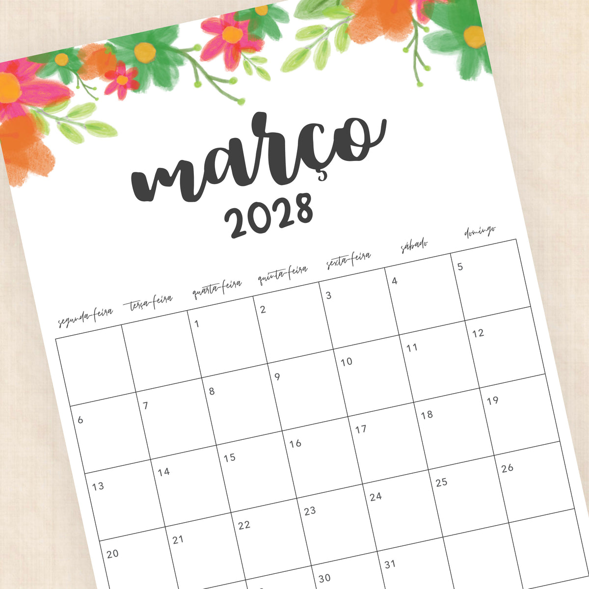 Calendário 2028 para imprimir