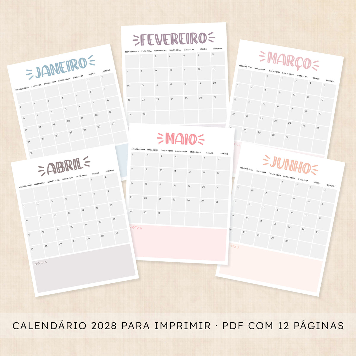 Calendário 2028 para imprimir