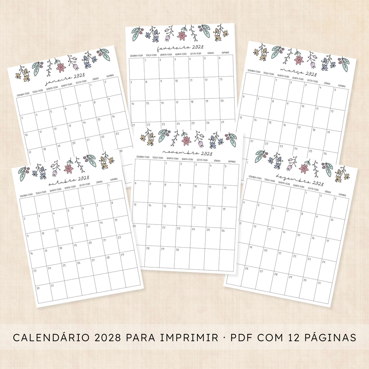 Calendário 2028 para imprimir