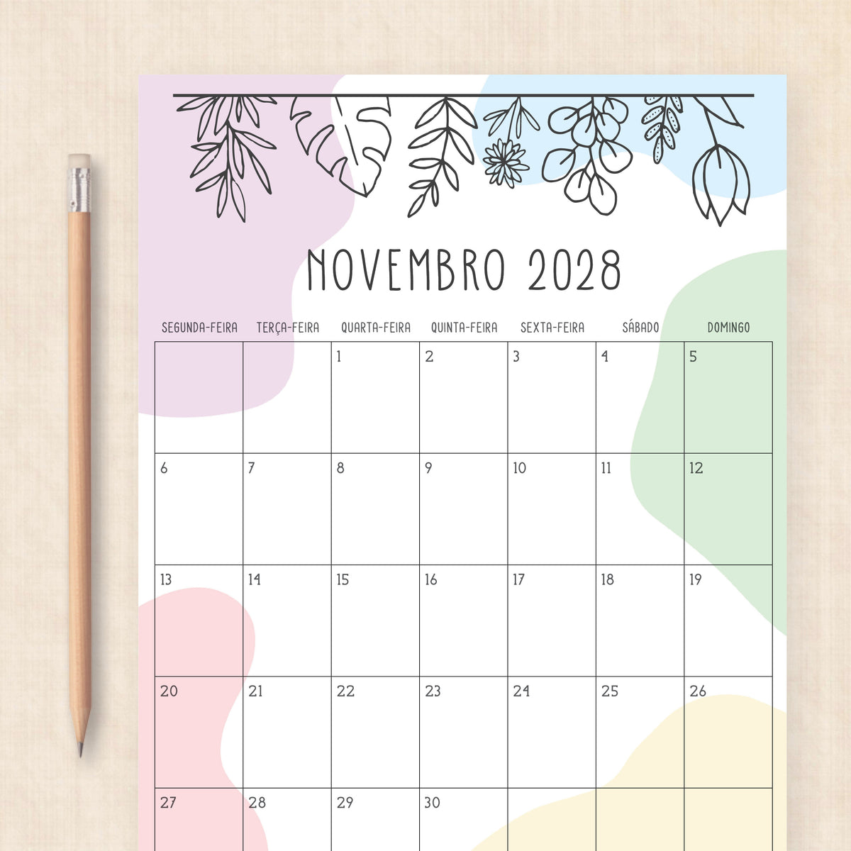 Calendário 2028 para imprimir
