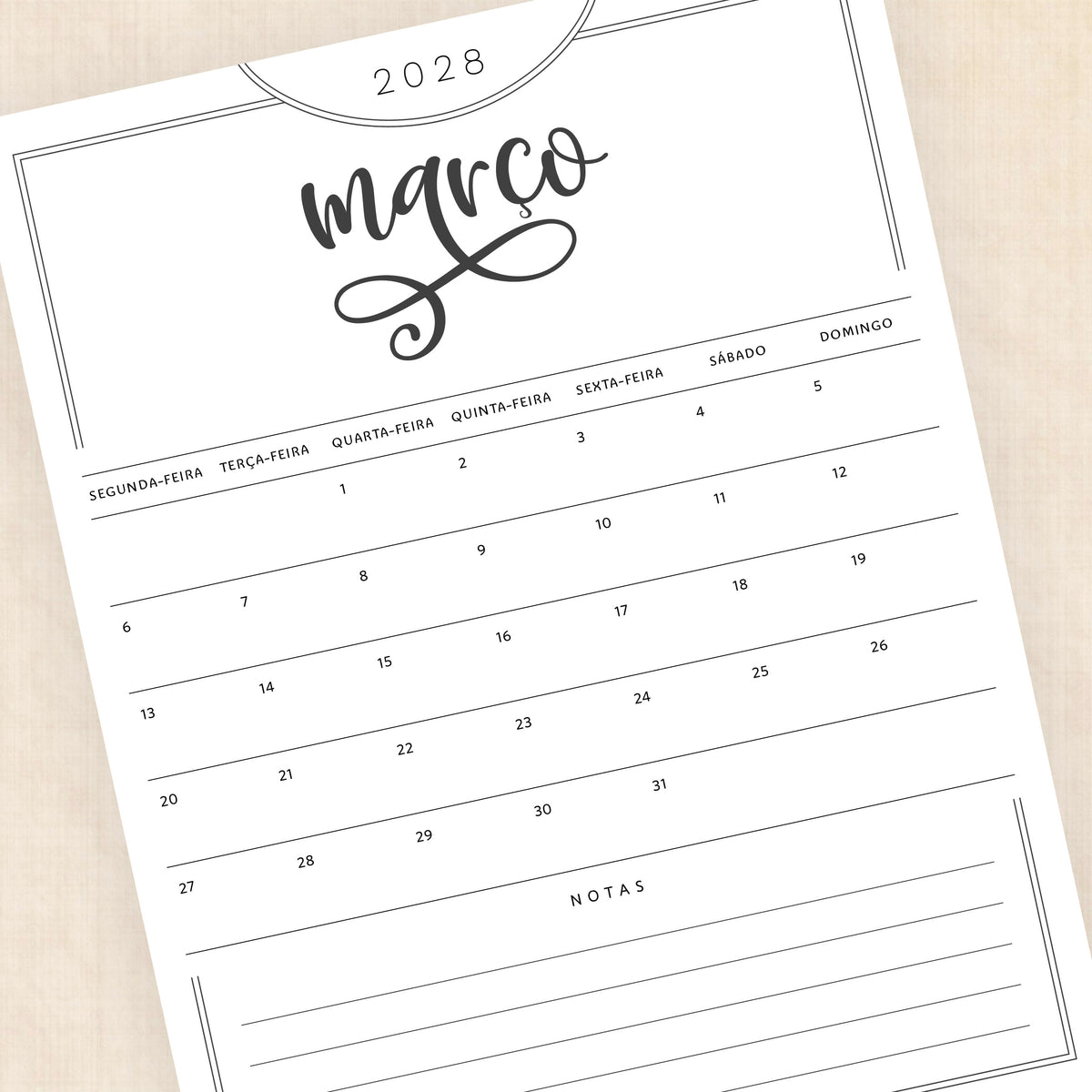 Calendário 2028 para imprimir