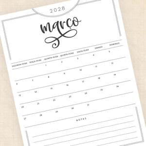Calendário 2028 para imprimir