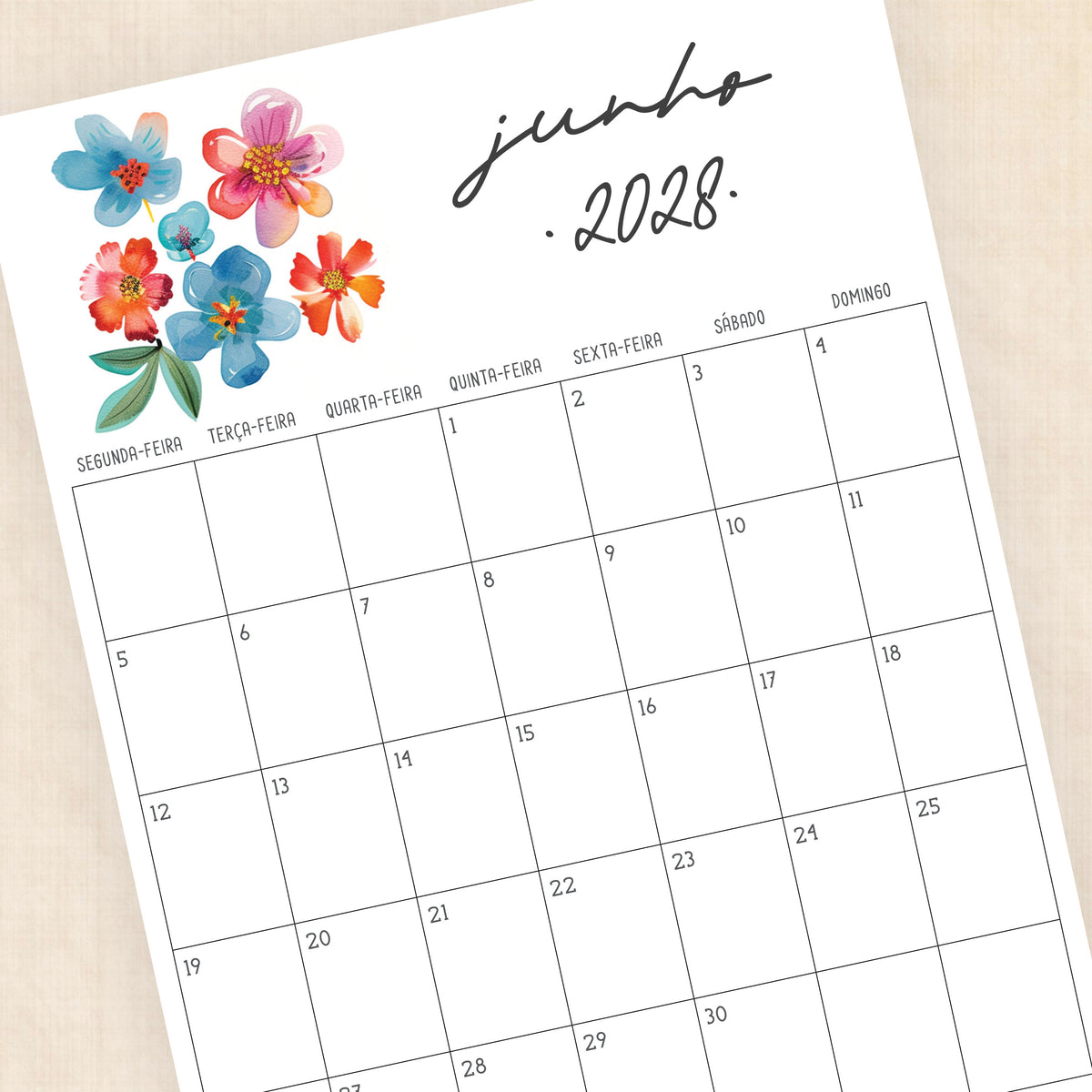 Calendário 2028 para imprimir