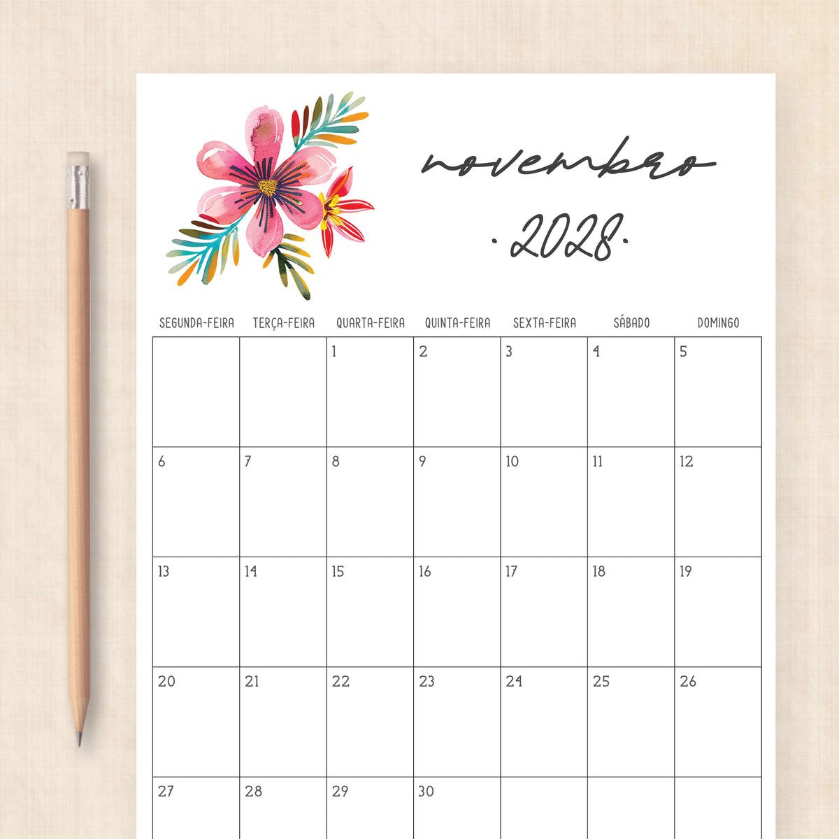 Calendário 2028 para imprimir