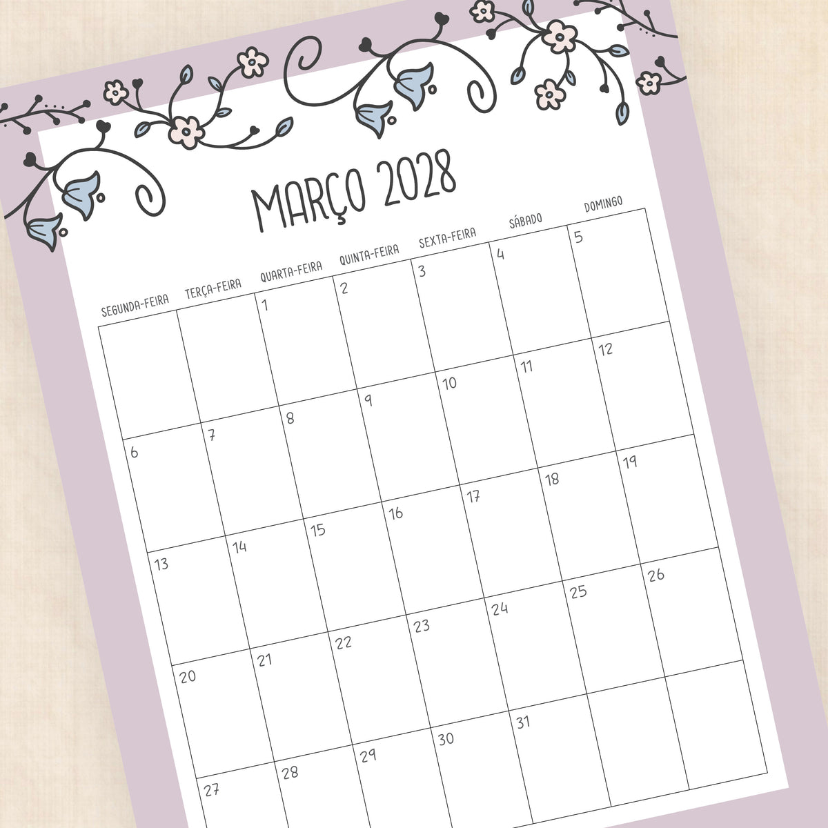 Calendário 2028 para imprimir