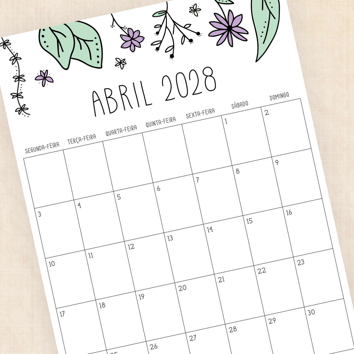 Calendário 2028 para imprimir